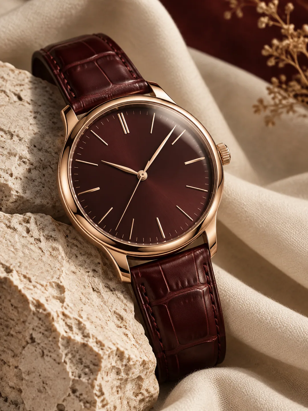 A gold watch on a burgundy strap, resting on stone and silk