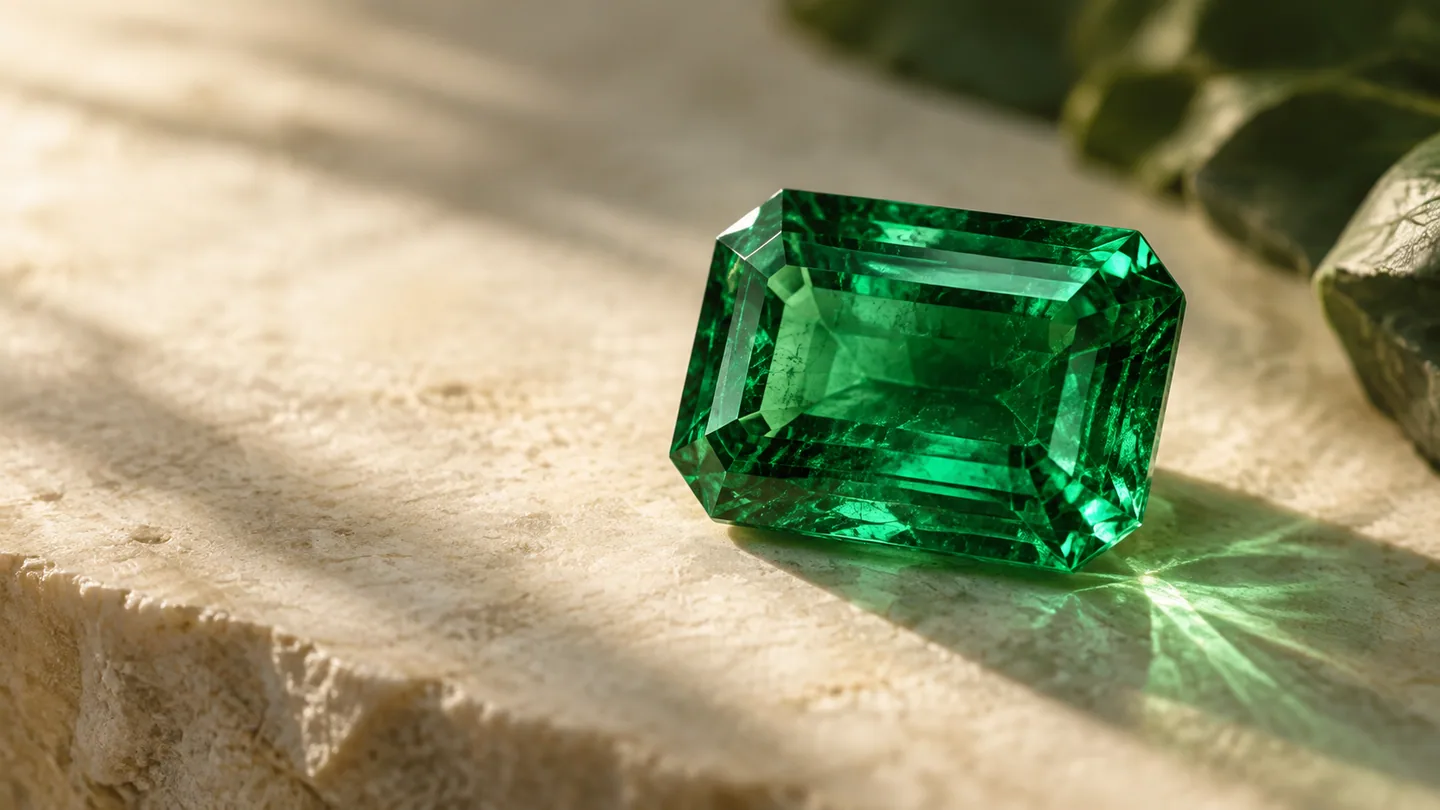 Emerald on pale stone
