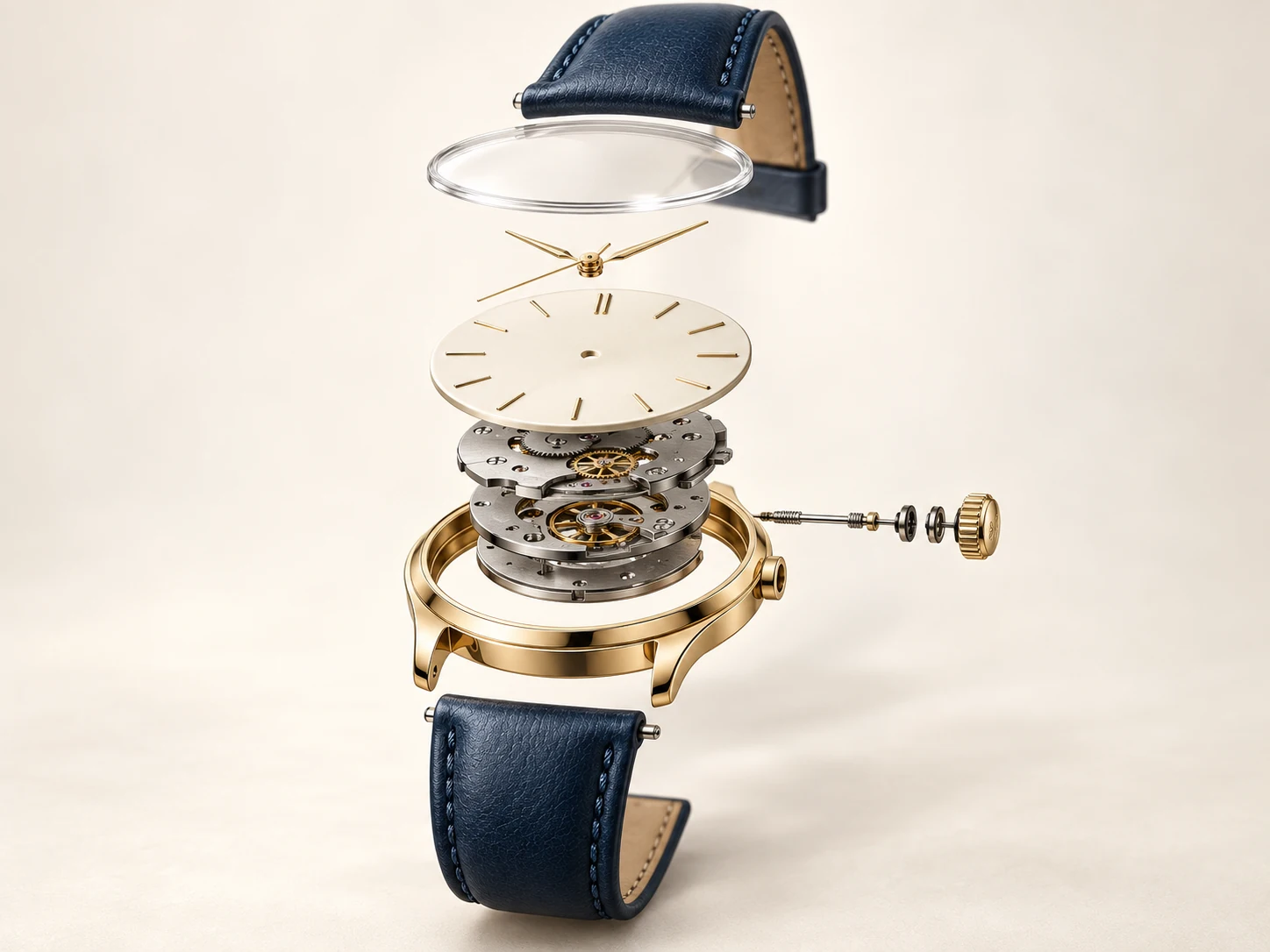 Illustrative watch shown in its separate parts